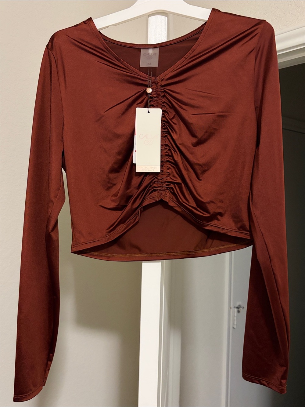 CALIA by Carrie Underwood Long-Sleeve Ruched Front Top - Rust Brown